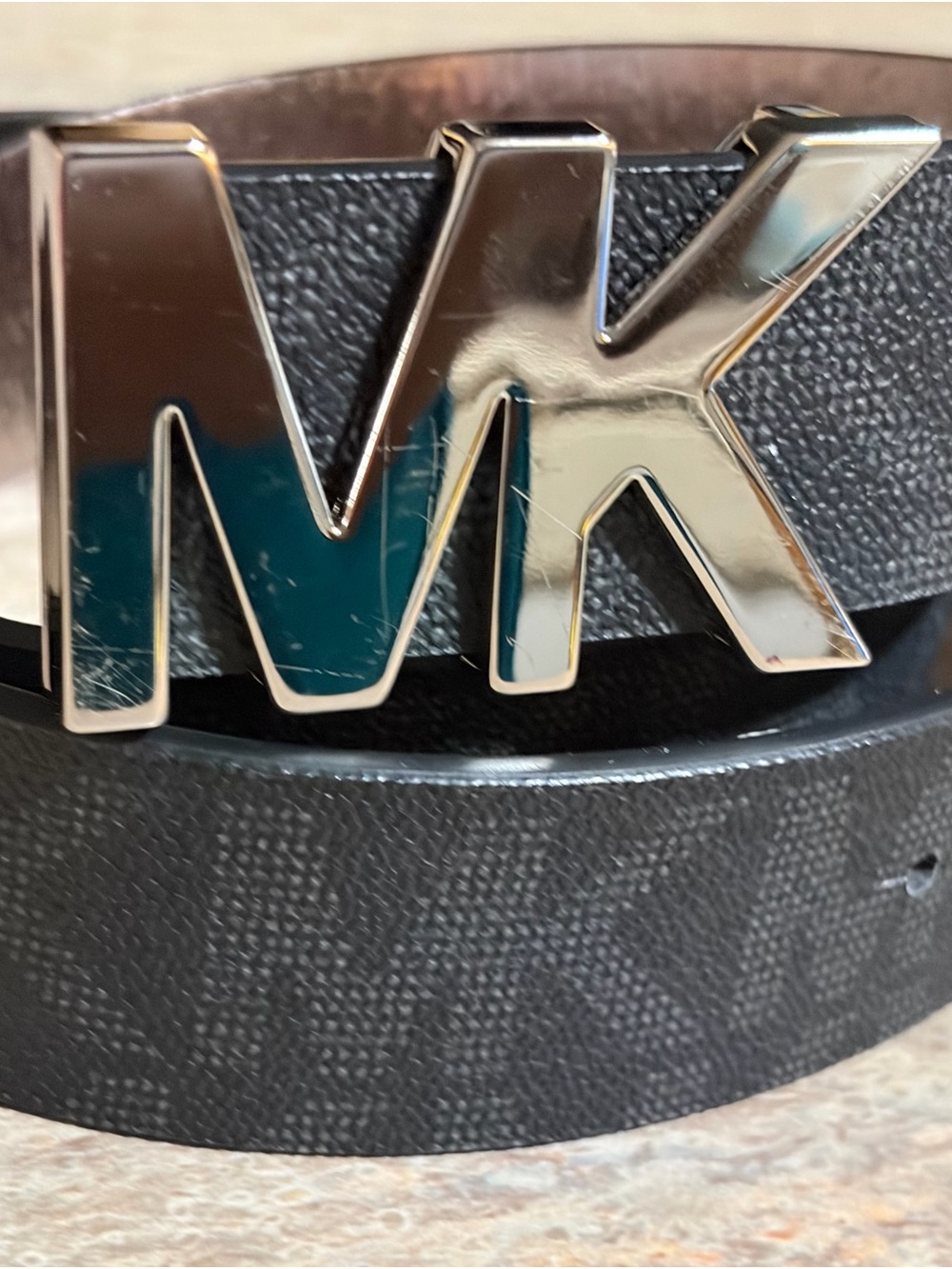 Michael Kors Men's Black Signature MK Silver Color Logo Leather Belt - Picture 10 of 16